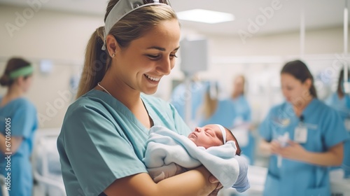 Maternity nurse holding a newborn baby wrapped in a blanket photo