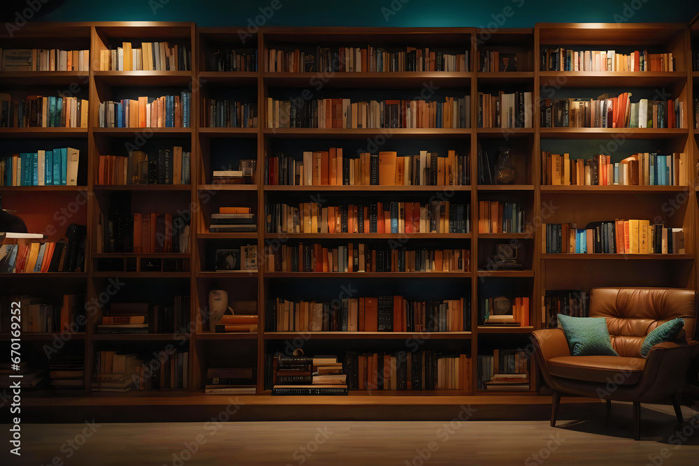 night library, shelf full of books at night with warm light, cozy book background - obrazy, fototapety, plakaty 