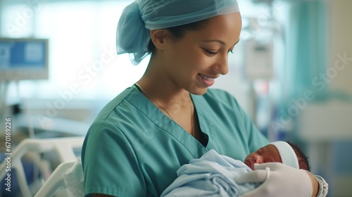 Maternity nurse holding a newborn baby wrapped in a blanket photo