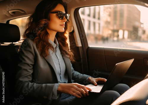 Confident brunette business woman entrepreneur working in car between work shifts, working on laptop in back seat, holding device on laptop © MYDAYcontent