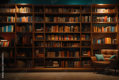 night library, shelf full of books at night with warm light, cozy book background photo