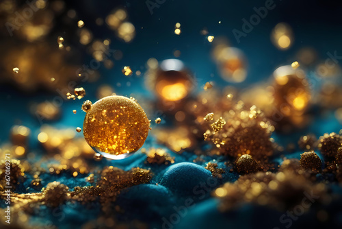 macro photography of yellow golden microparticle systems, nanoparticles scientific background photo