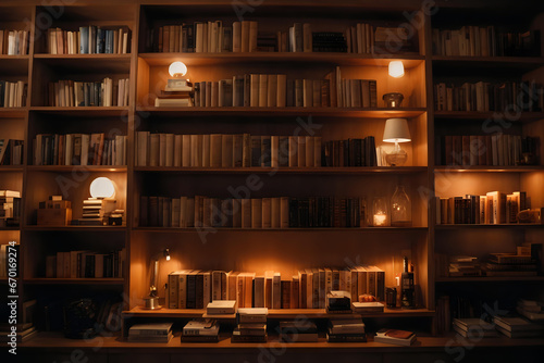 night library, shelf full of books at night with warm light, cozy book background