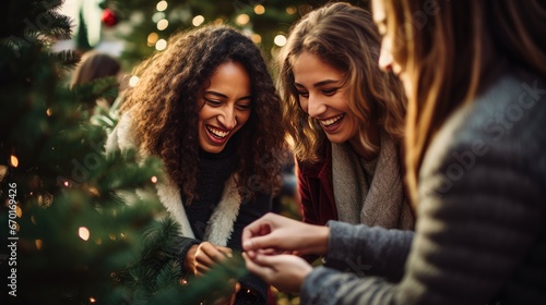 Join the joyous outdoor celebration as a group of happy female friends comes together to decorate a Christmas tree, capturing the warmth of holiday friendship