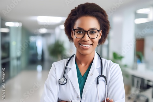 African doctor woman in hospital corridor smiling
