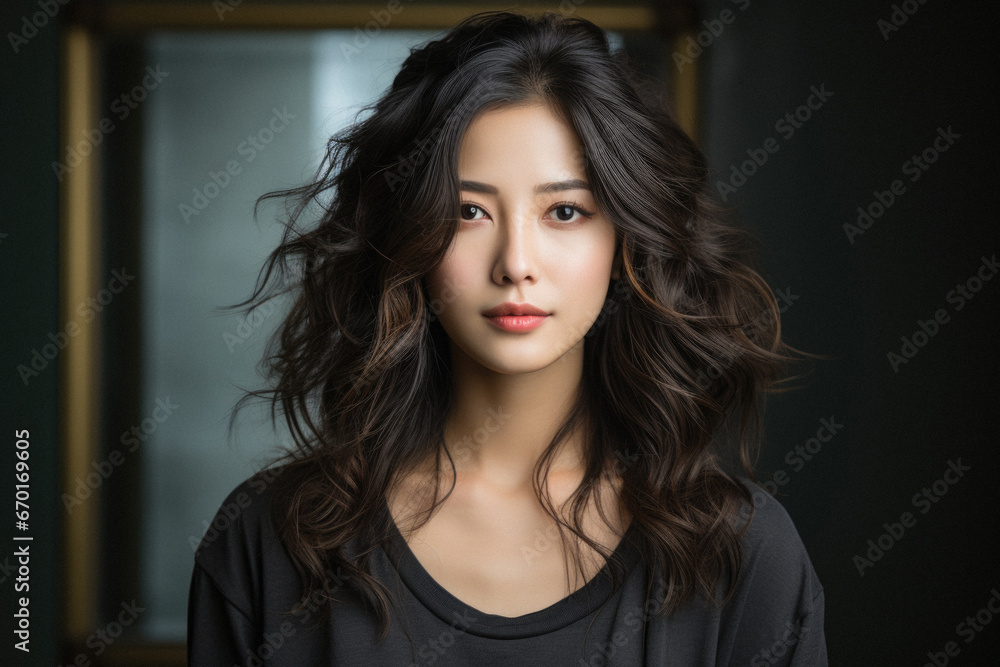 Portrait of a beautiful asian woman with long hair on dark background. Portrait of a beautiful asian woman with long hair on dark background.