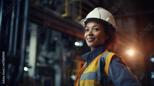 Portrait of black female engineer worker or industrial maintenance worker enjoy working in factory generative ai