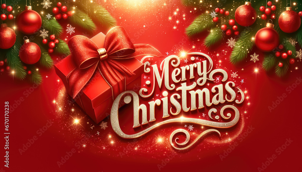 Greeting card with red gift box, christmas balls and fir branches on red background. Geneative ai. Greeting card with red gift box, christmas balls and fir branches on red background. Geneative ai.