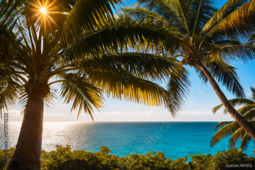 Digital photo of a the lush green foliage of a towering palm tree, with its broad fronds swaying in the ocean breeze. Wildlife concept of ecological environment © mikhailberkut