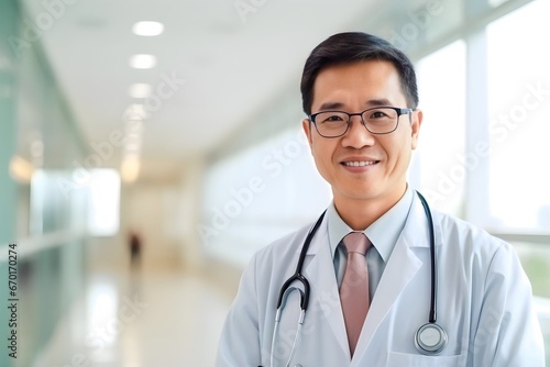 asian doctor in hospital corridor smiling