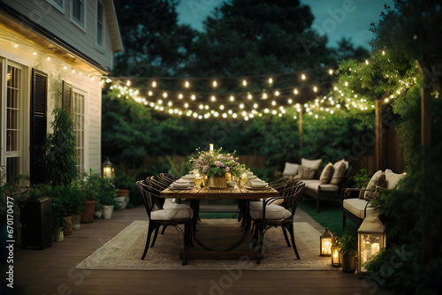 Elegant evening outdoor setting with a dining table adorned with flowers beneath string lights, adjacent to a cozy sitting area near a house. © Rysak