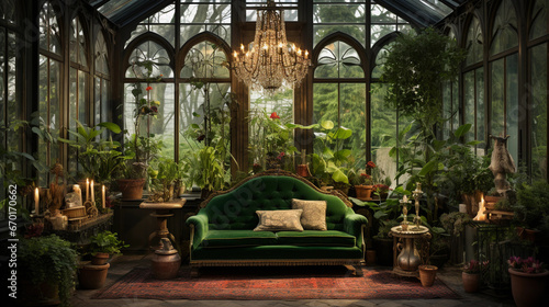 An airy greenhouse filled with lush green plants  botanical illustrations  and a wrought-iron bench