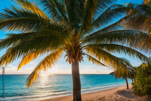 Digital photo of a the lush green foliage of a towering palm tree, with its broad fronds swaying in the ocean breeze. Wildlife concept of ecological environment