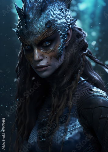 Representation of a cursed blue mermaid emerging from the depths. Evil mermaid with sinister beauty wrapped in dark tones and an enigmatic look.