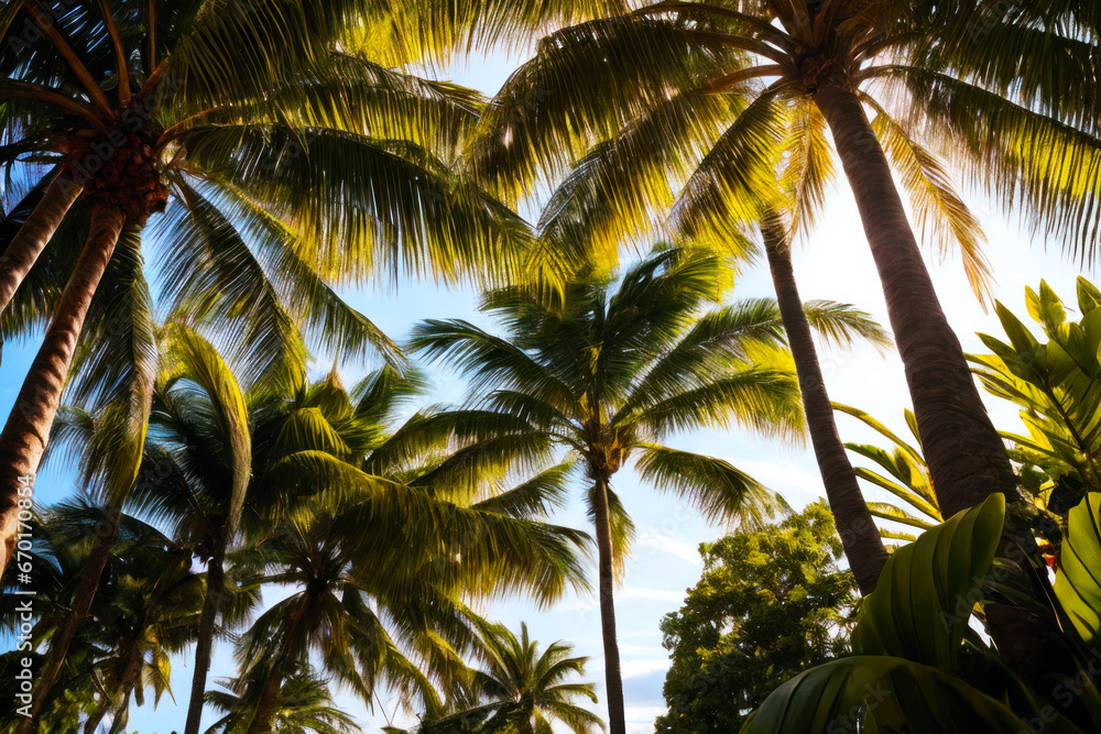 Fototapeta premium Digital photo of a the lush green foliage of a towering palm tree, with its broad fronds swaying in the ocean breeze. Wildlife concept of ecological environment