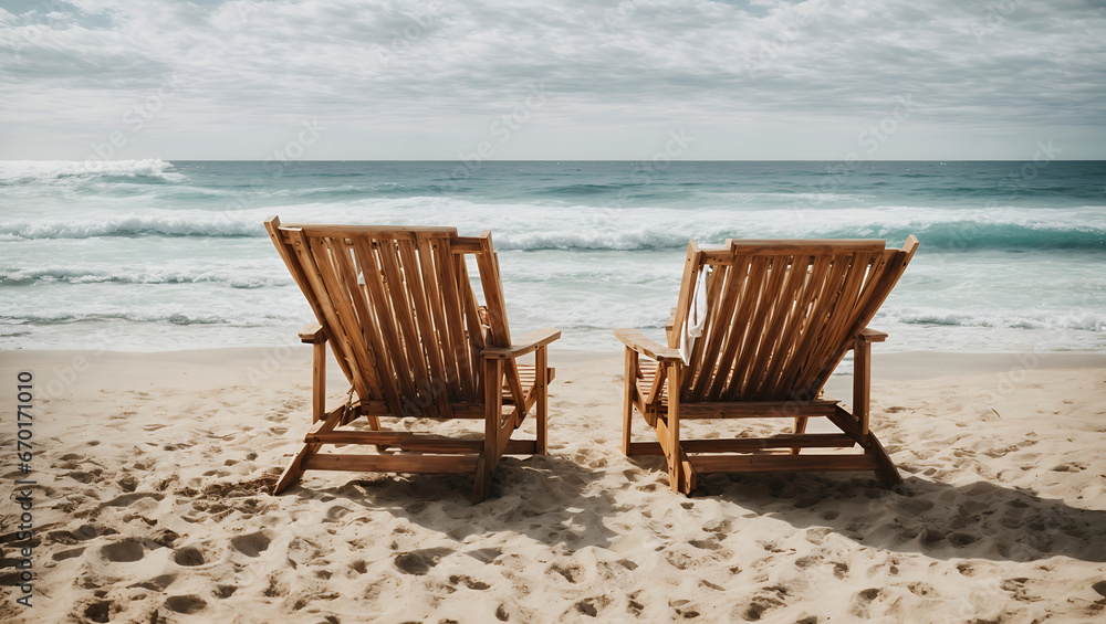 Two wooden lounge chairs facing the ocean waves on a sandy beach, under a sky filled with scattered clouds.