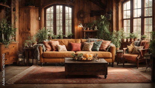 Cozy living room with a mustard-colored sofa, patterned cushions, rustic wooden furnishings, and indoor plants by large windows © Rysak