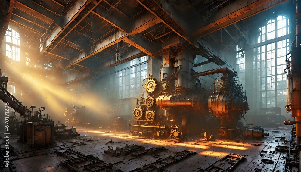 Abandoned factory with machines in fog. Corridor In a dystopian building. Atmospheric, warm Abandoned factory with machines in fog. Corridor In a dystopian building. Atmospheric, warm