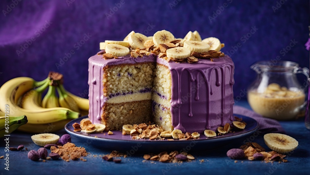 Bake banana cake on blue violet background, cake with decoration, cake with chocolate, cake with almonds, cake with chocolate, cake with almonds and chocolate