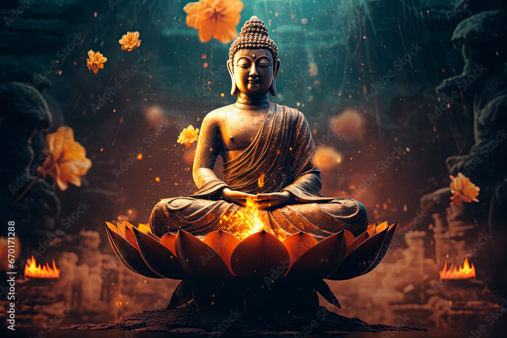 A buddha statue sitting on top of a glowing lotus flower. Generative AI