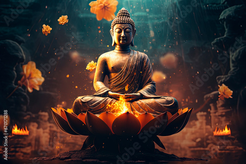 A buddha statue sitting on top of a glowing lotus flower. Generative AI photo