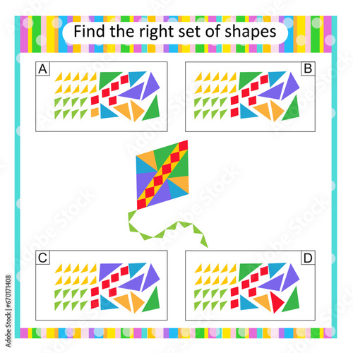 Logic puzzle for kids. Find the correct set of cartoon kite toy.