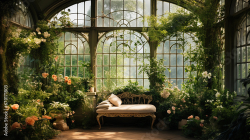 An airy greenhouse filled with lush green plants  botanical illustrations  and a wrought-iron bench