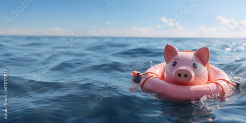 Pink piggy bank floats in a buoy on sea water, trying not to sink - Concept of investment failure, debt issue, bankruptcy, rescue in economy crisis, budget emergency © mozZz