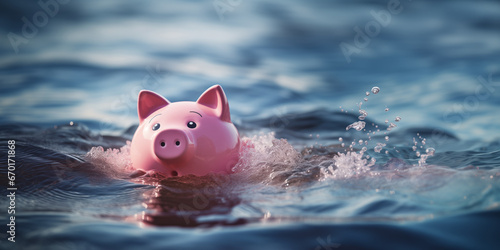 Pink piggy bank floats on sea water, trying not to sink - Concept of investment failure, debt issue, bankruptcy, economy crisis, budget emergency