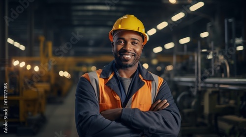 Portrait of black male engineer worker or industrial maintenance worker enjoy working in factory, generative ai