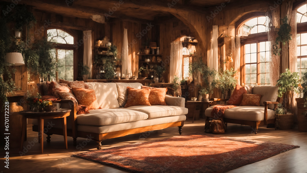 Cozy rustic living room bathed in warm sunlight, with a plush sofa, decorative pillows, wooden interior, and green plants near arched windows