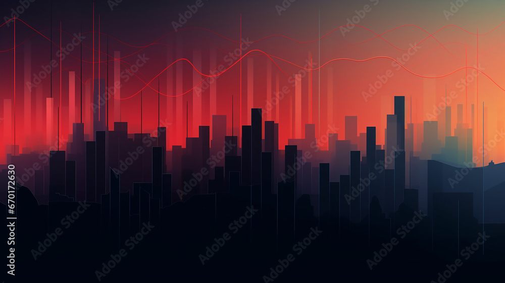 background with red lines and a city skyline silhouette