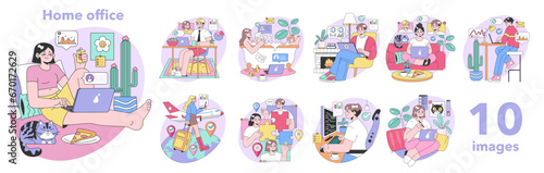 Home office set. Modern telecommuting environment. Professionals at desks, casual workspaces, digital nomads traveling. Pets, laptops, cozy interiors. Virtual meetings. Flat vector illustration.