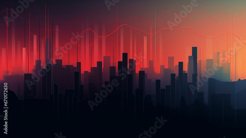 background with red lines and a city skyline silhouette