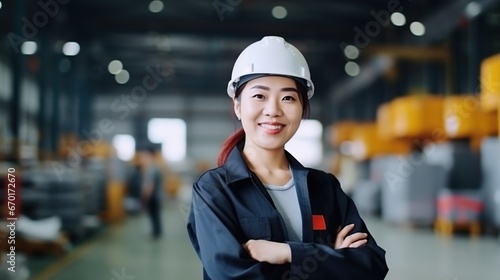 Close up portrait of a happy female manager wearing a helmet.
