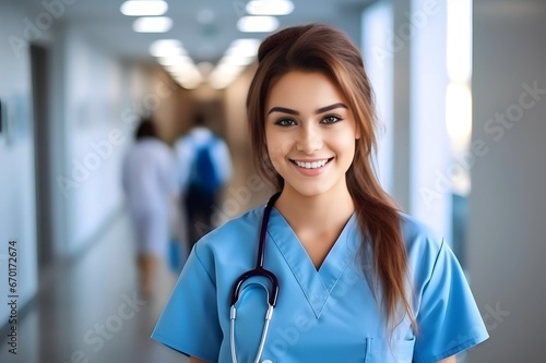 Female nurse in hospital corridor smiling