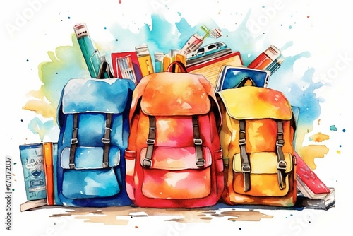 Colorful school backpacks and supplies on a white background with a light watercolor painting of back-to-school vibes. Generative AI