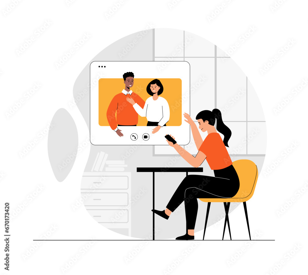 Virtual event. Online conference, friends meeting, video call. Communication through the Internet. Illustration with people scene in flat design for website and mobile development. Virtual event. Online conference, friends meeting, video call. Communication through the Internet. Illustration with people scene in flat design for website and mobile development.