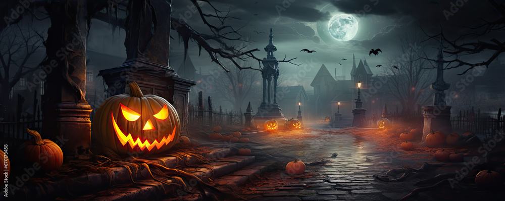 Halloweens and Pumpkin, Graveyard cemetery, Spooky or scary dark Night. Halloweens and Pumpkin, Graveyard cemetery, Spooky or scary dark Night.
