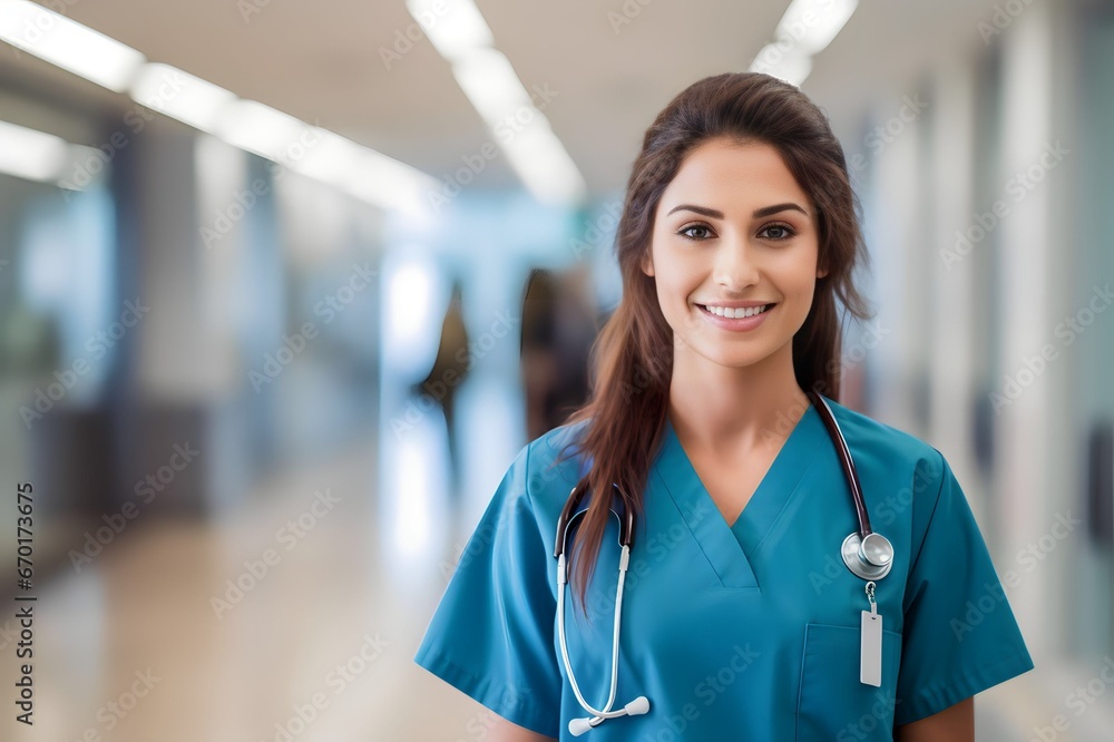 Asian female nurse in hospital corridor smiling Asian female nurse in hospital corridor smiling