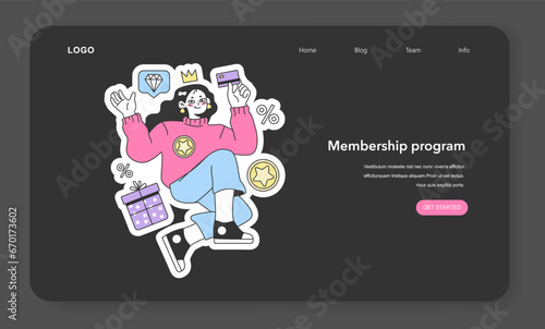 Membership program with rewards and offers for a purchase nighmode or darkmode web banner or landing page. Commercial program for client retention and customer loyalty. Flat vector illustration