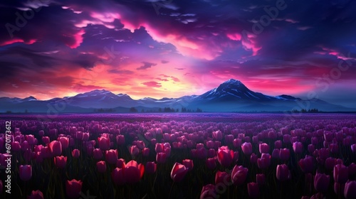 A panoramic view of a Twilight Tulip field under the stars, captured in breathtaking 8K resolution, with a touch of magic in the air.