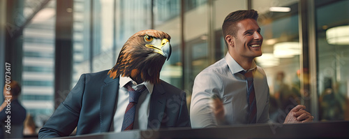 Man in modern suit standing next to an eagle photo