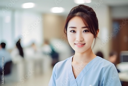 Asian female nurse in hospital corridor smiling