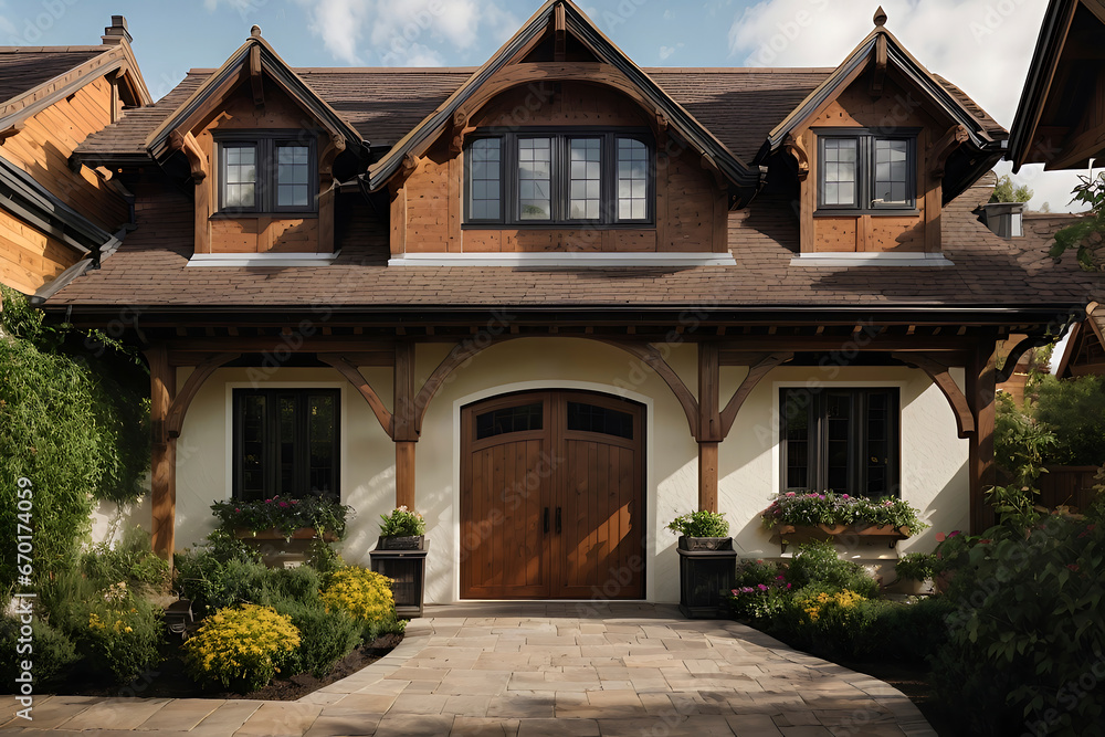 Obraz premium Charming wooden-clad house exterior featuring an arched doorway, dormer windows, and lush landscaping with colorful plants and stone pathways.