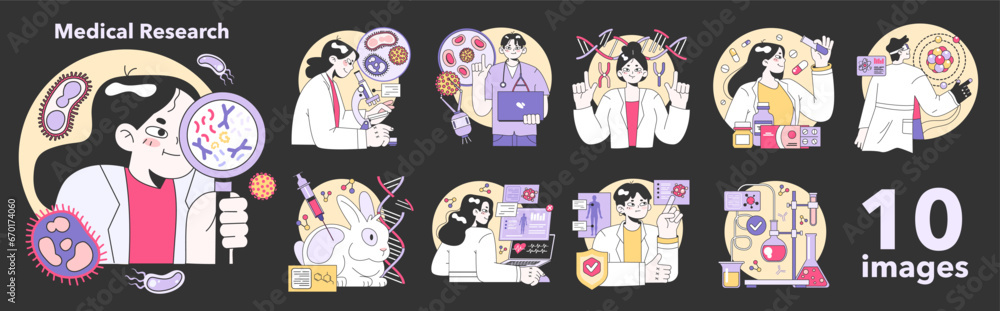 Medical research set. Biotechnology, medicine and pharmacology development. Innovative technologies, clinical trials and tests. Flat vector illustration