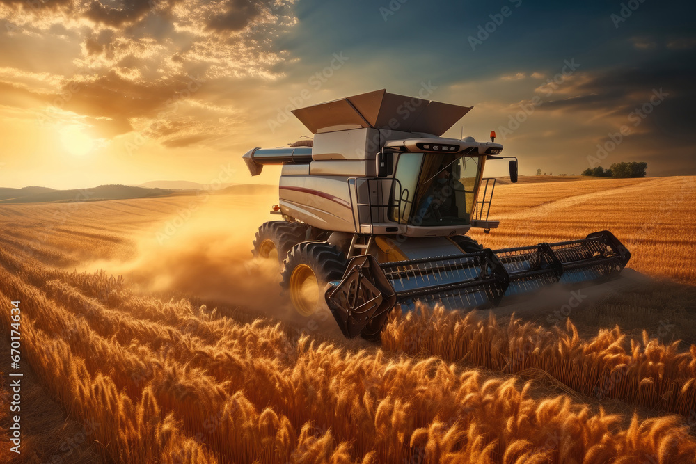 A modern Tractor driving over a large golden field. A modern Tractor driving over a large golden field.