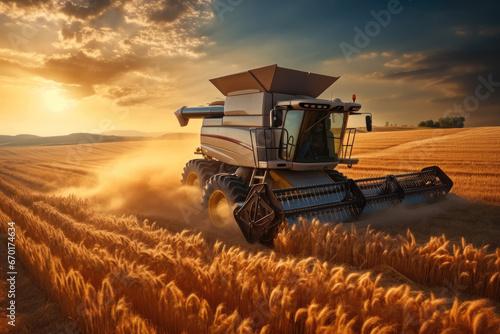 A modern Tractor driving over a large golden field.