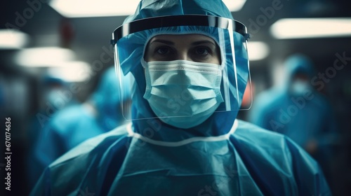 A surgeon in full personal protective equipment, including a gown, gloves, mask and face shield.