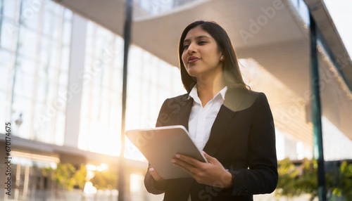 Portrait of a businesswoman, tablet in hand, office background